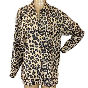 VTG‎ Stunt 100% Silk Leopard Print Button Up Blouse Tunic Top S #303B